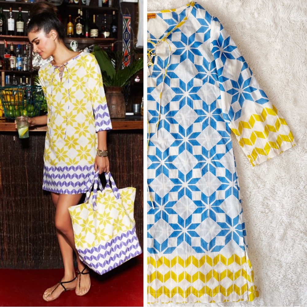 NWT Roberta Freymann Blue Yellow Geometric Cotton Tunic Dress MEDIUM Boho Preppy
